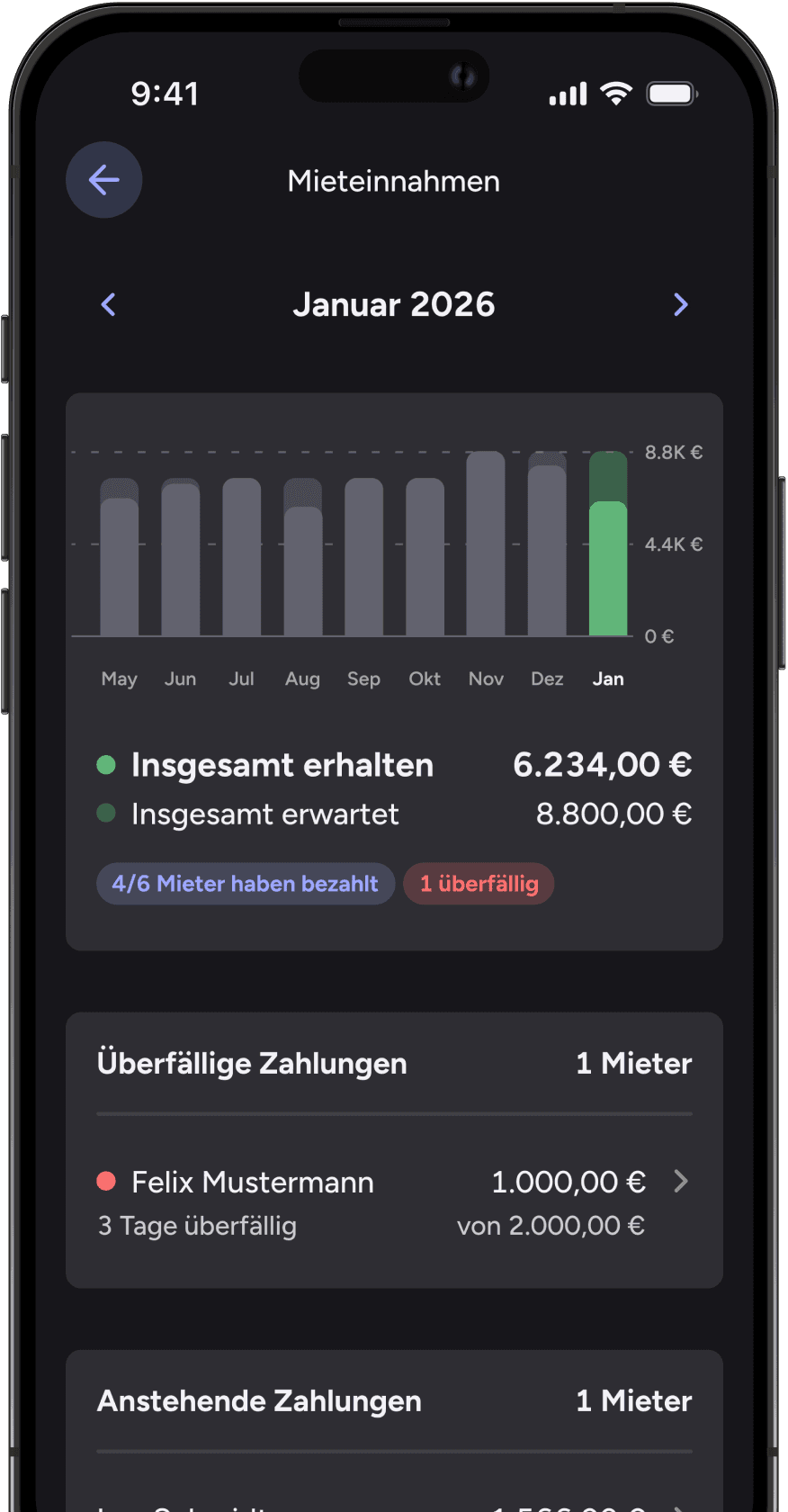 Diese Ansicht in der App zeigt Mieteinnahmen pro Mieter und Angaben zu erhaltenen oder erwarteten Zahlungen.
