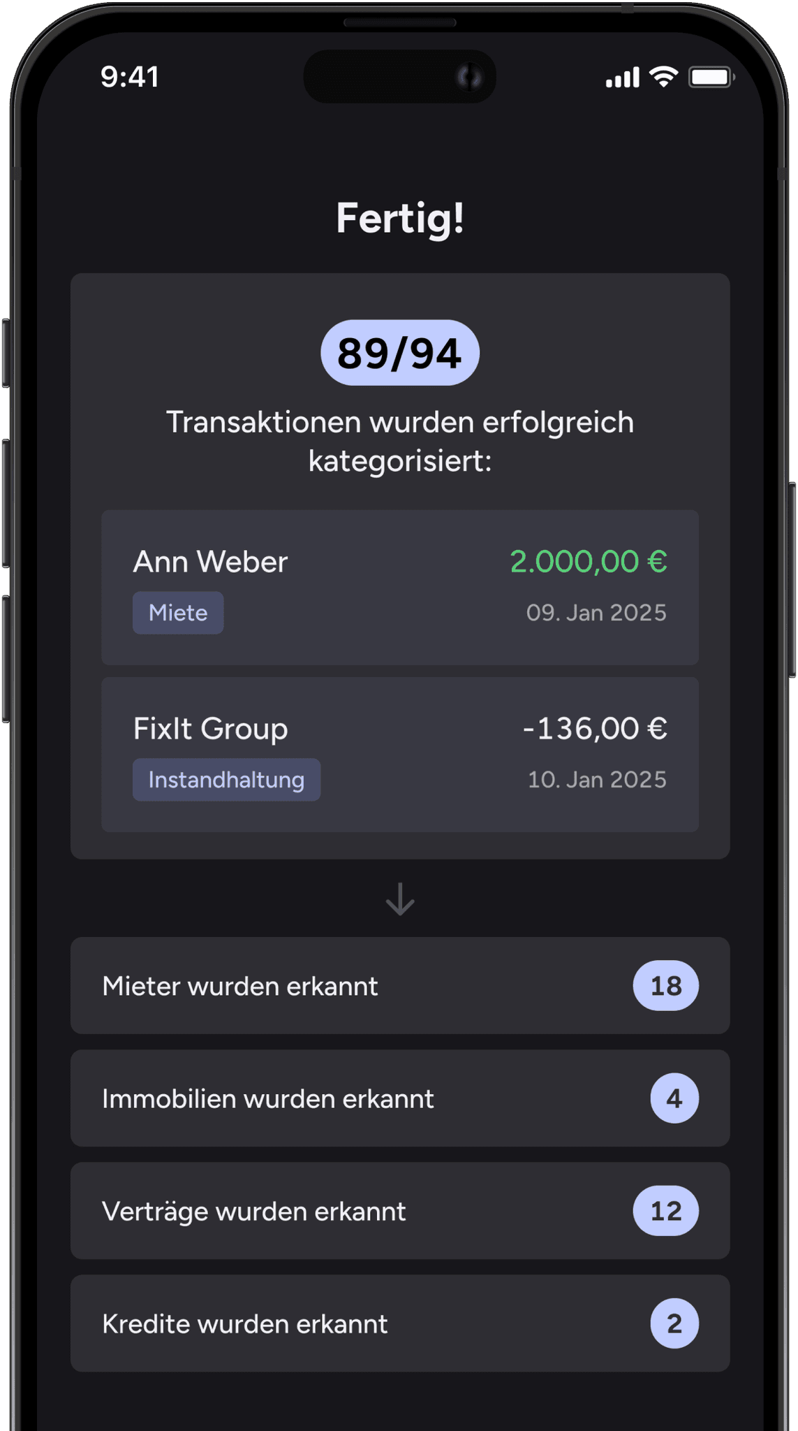 Diese Ansicht in der App zeigt die Ergebnisse der AI untersützen Analyse der Banktransaktionen, einschließlich der Anzahl der identifizierten Immobilien, der zugehörigen Mieter, Mietverträge und aktiven Darlehen.