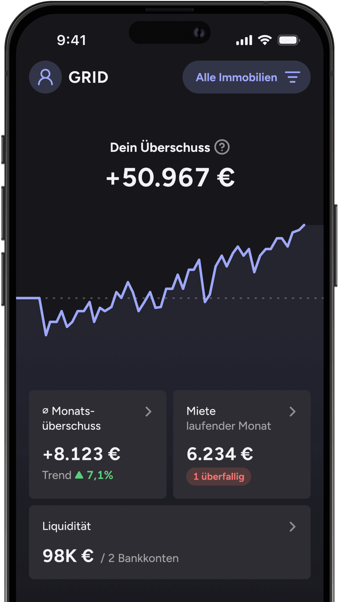 Diese Ansicht in der App zeigt den Wachstumstrend der Gesamteinnahmen über alle Immobilien hinweg, zusammen mit detaillierten monatlichen Informationen zu Mietzahlungen, Einnahmen und Ausgaben.